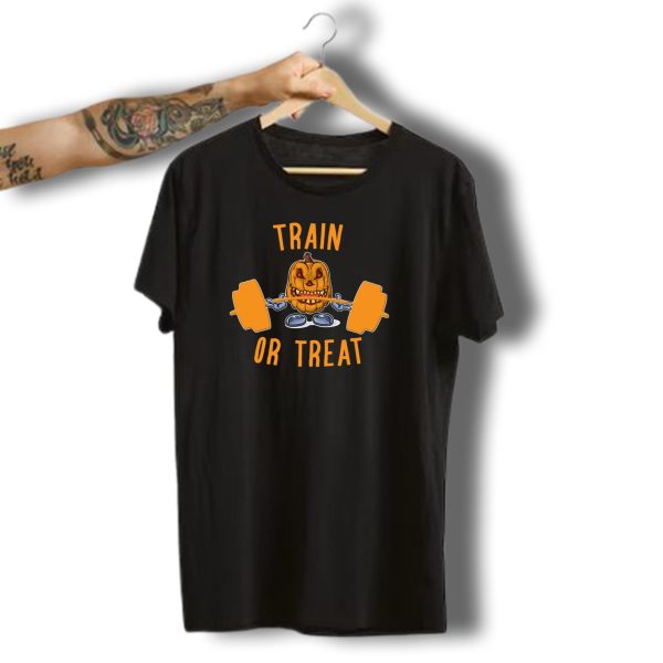 Train Or Treat Halloween Workout Funny Gym Pumpkin T Shirt t shirt 1 1