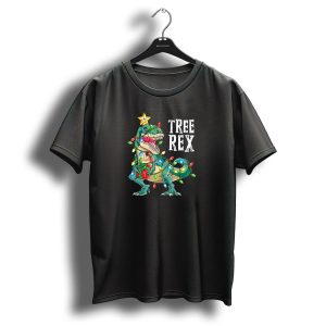 Tree Rex Dinosaur Wrapped In Christmas Lights Star T Shirt