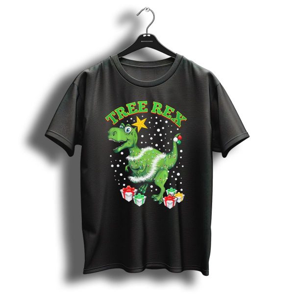 Tree Rex Dinosaur Wrapped In Christmas Lights With Presents And Snowflakes T Shirt 1 t shirt 1