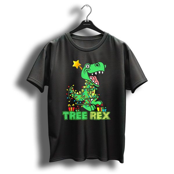 Tree Rex Dinosaur Wrapped In Christmas Lights With Presents And Star T Shirt 1 t shirt 1