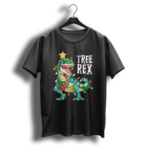 Tree Rex Dinosaur Wrapped In Christmas Lights With Star Topper T Shirt