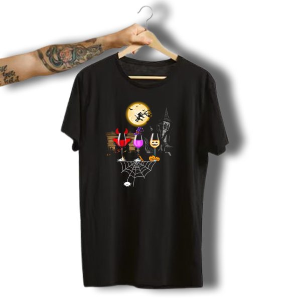Trello Three Glasses Of Wines Halloween Moon Witch Haunted House Spider Web Pumpkin T Shirt t shirt 1