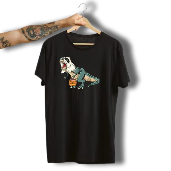 Trex Dinosaur In Ghost Costume With Halloween Pumpkin Bucket T Shirt t shirt 1