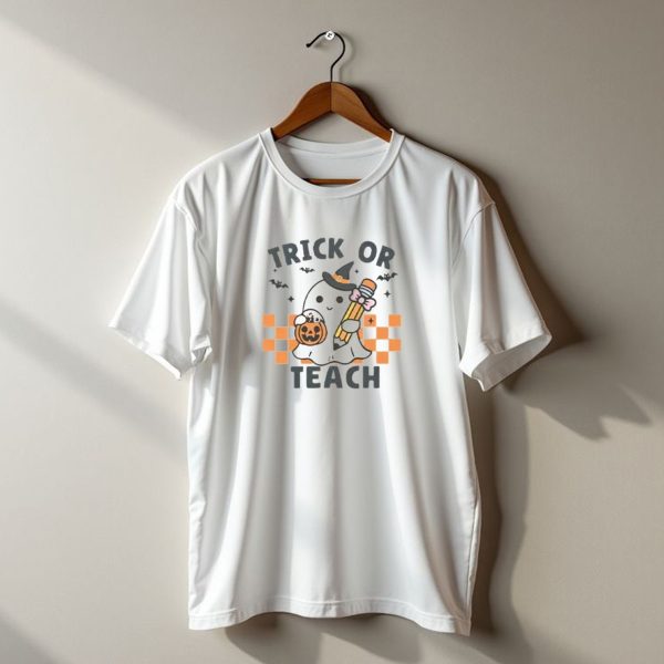 Trick Or Teach Ghost Holding Pumpkin And Pencil With Bat And Witch Hat Halloween Teacher T Shirt t shirt 1