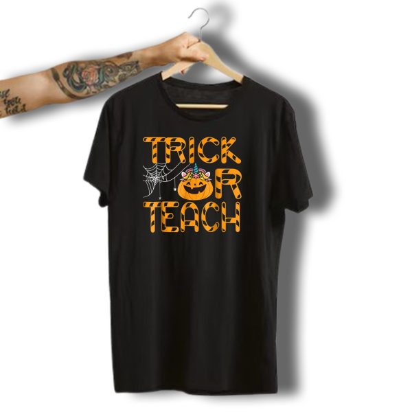 Trick Or Teach Pumpkin Unicorn With Spider Web Halloween T Shirt t shirt 1