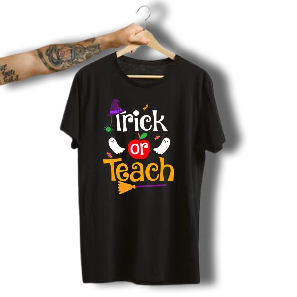 Trick Or Teach Witch Hat Ghosts Apple Broom Halloween T Shirt t shirt 1