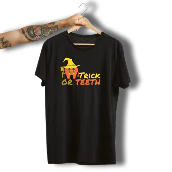Trick Or Teeth Halloween Tooth With Witch Hat And Brush T Shirt 1 t shirt 1