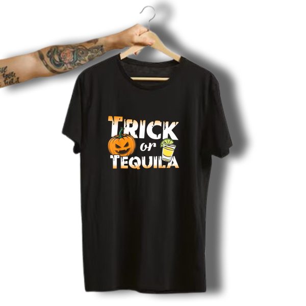 Trick Or Tequila Halloween Pumpkin With Shot Glass T Shirt t shirt 1