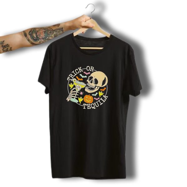 Trick Or Tequila Halloween Skeleton With Margarita Bats Ghosts And Pumpkin T Shirt t shirt 1