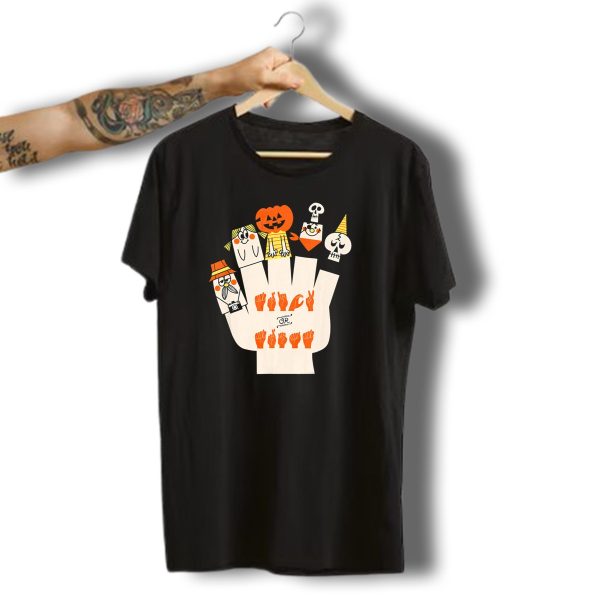 Trick Or Treat Asl Halloween Hand Signs With Pumpkin And Ghost Characters T Shirt t shirt 1