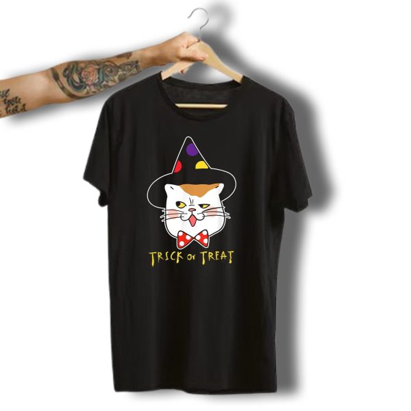 Trick Or Treat Cat Face Witch Hat Polka Dot Bow Tie Halloween T Shirt t shirt 1