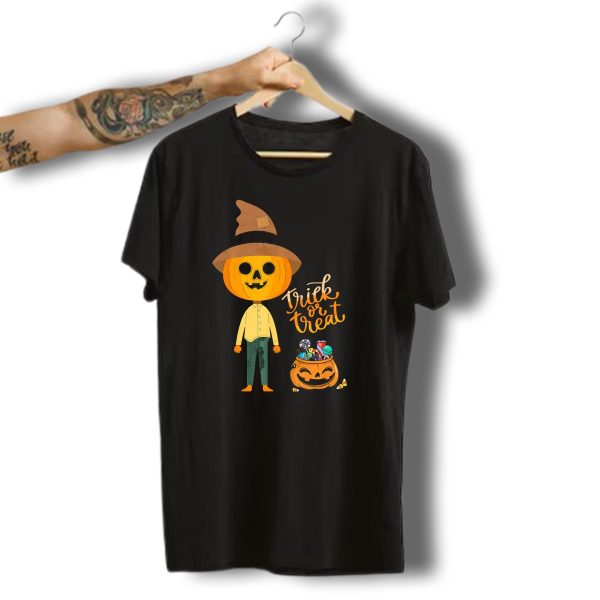 Trick Or Treat Funny Cute Halloween Pumpkin With Candy And Patchwork Hat T Shirt t shirt 1