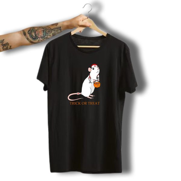 Trick Or Treat Halloween Rat Nurse With Pumpkin Bucket T Shirt t shirt 1