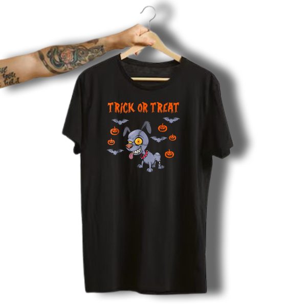 Trick Or Treat Halloween Scary Dog With Pumpkins And Bats T Shirt t shirt 1