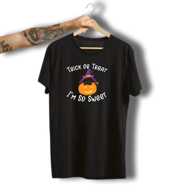 Trick Or Treat IM So Sweet Funny Halloween Pumpkin Cat With Witch Hat T Shirt t shirt 1