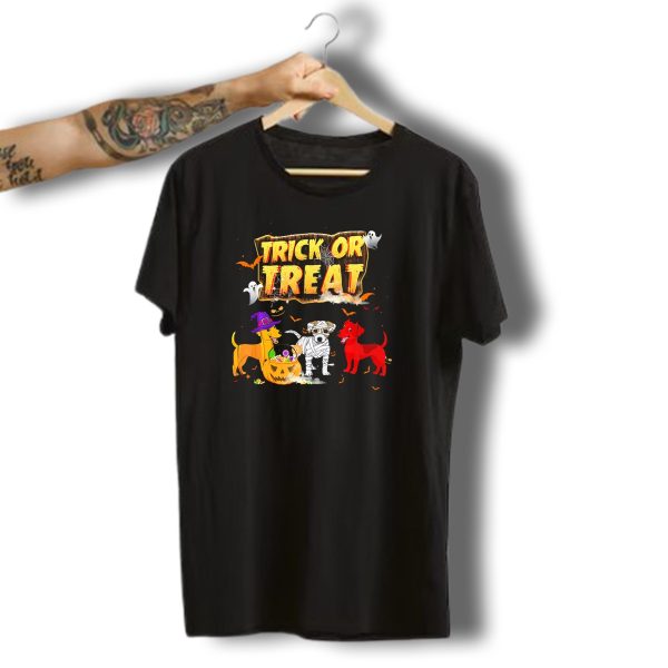 Trick Or Treat Jack Russell Trio In Halloween Costumes With Candy Pumpkin T Shirt t shirt 1