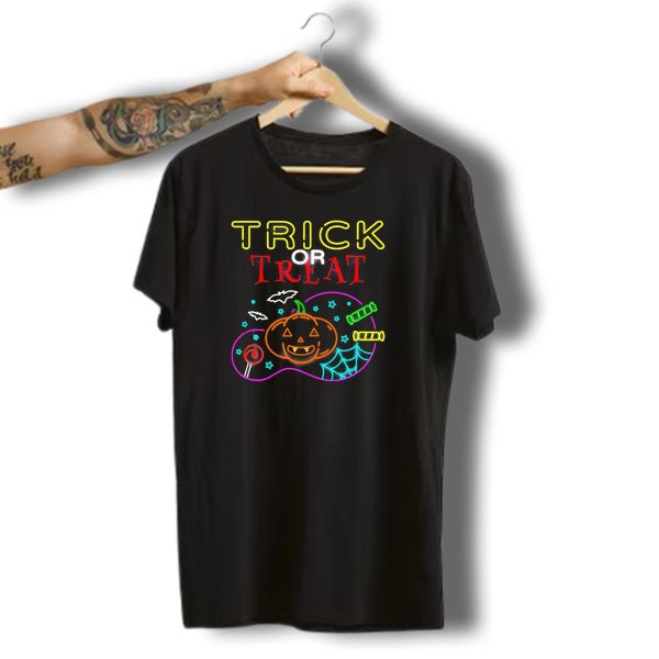 Trick Or Treat Scary Halloween Pumpkin Candy Bats Web Neon T Shirt t shirt 1