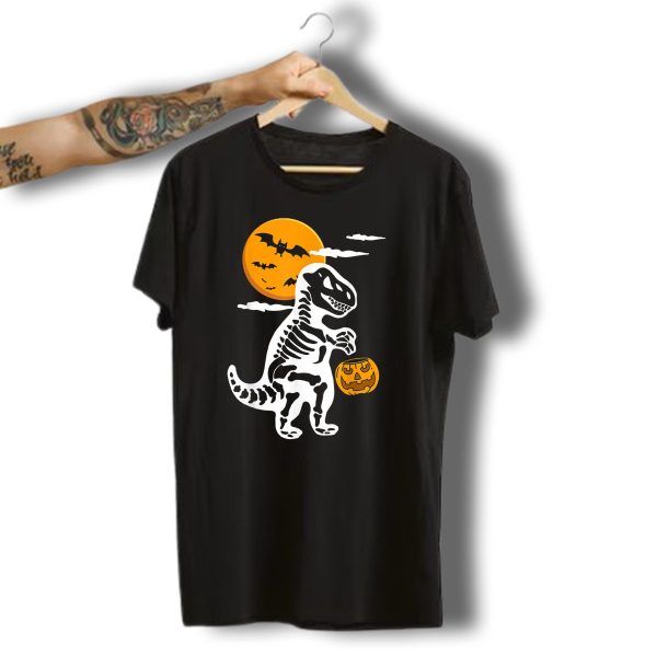 Trick Or Treating Skeleton Dinosaur Halloween Full Moon Bats Pumpkin Jack O Lantern T Shirt t shirt 1