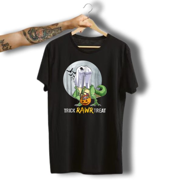 Trick Rawr Treat Halloween T Rex Dinosaur Ghost With Candy Pumpkin T Shirt t shirt 1 1
