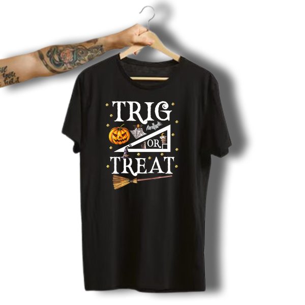 Trig Or Treat Halloween Math Teach Pumpkin Bat Witch Hat Broom T Shirt t shirt 1