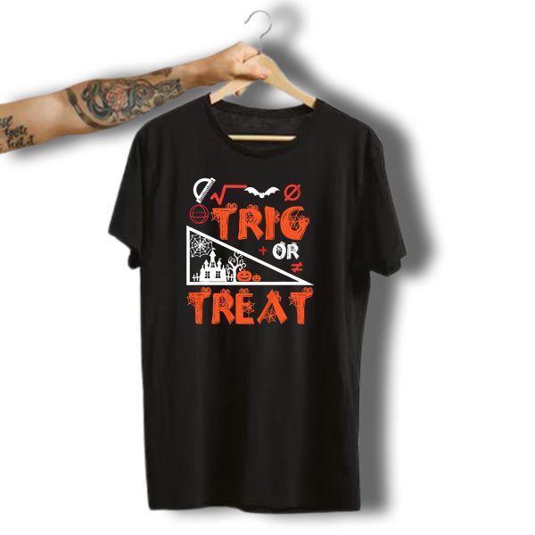 Trig Or Treat Math Halloween Costume Concept With Spooky Castle Spider Webs T Shirt t shirt 1