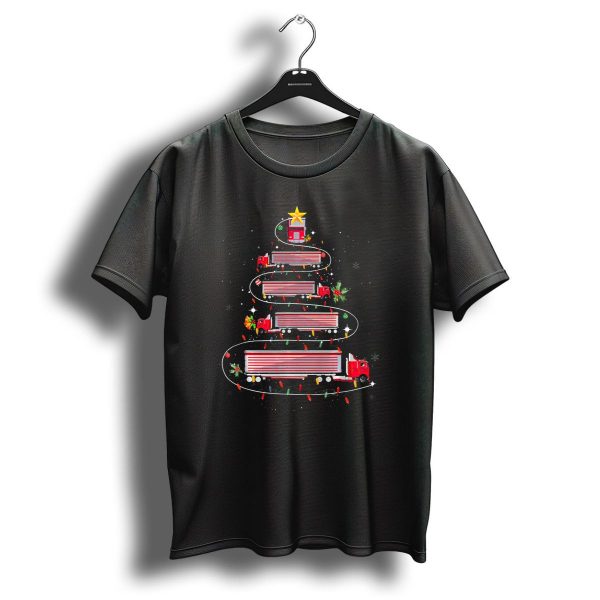 Trucker Trucking Christmas Tree Red Semi Trucks Wrapped In Lights With Yellow Star On Top T Shirt 1 t shirt 1