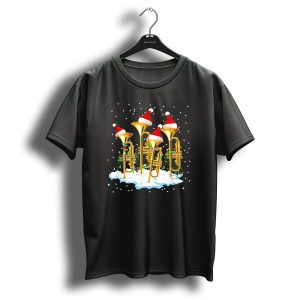 Trumpet Christmas Tree Decor Snowy Holiday Trumpets With Santa Hats T Shirt 1