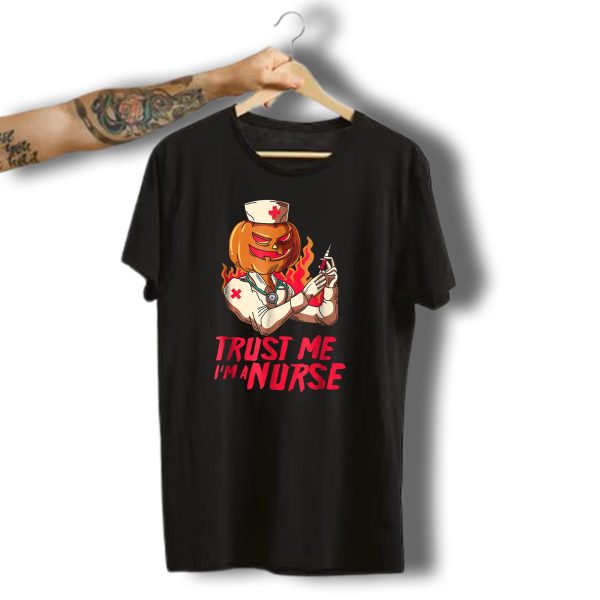 Trust Me Im A Nurse Pumpkin Headed Halloween Nurse Holding Syringe T Shirt t shirt 1