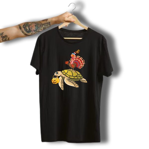 Turkey Riding Turtle Pumpkin Funny Sea Thanksgiving Halloween Fusion T Shirt t shirt 1 1