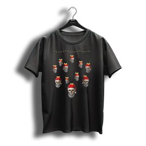 Ugly Christmas Bearded Skull With Santa Hat Hanging T-Shirt