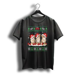Ugly Christmas Cat Santa Hat Reindeer Bells Snowflakes Lights T-Shirt