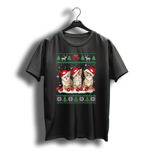 Ugly Christmas Cat Santa Hat Reindeer Bells Snowflakes Lights T Shirt t shirt 1