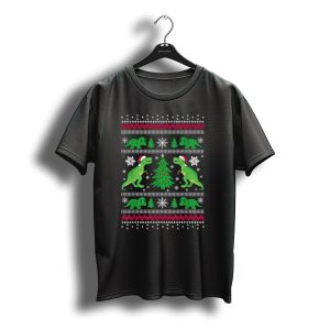 Ugly Christmas Dinosaur T Rex Xmas Sweater With Santa Hats And Snowflakes T-Shirt