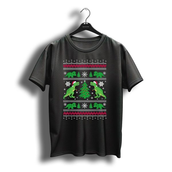 Ugly Christmas Dinosaur T Rex Xmas Sweater With Santa Hats And Snowflakes T Shirt t shirt 1