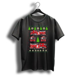 Ugly Christmas Firefighter Rescue Fire Truck Festive Holiday Trees Snowflakes T Shirt