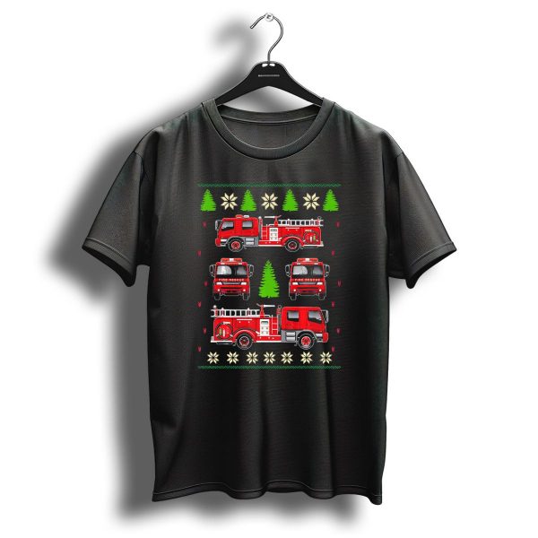 Ugly Christmas Firefighter Rescue Fire Truck Festive Holiday Trees Snowflakes T Shirt 1 t shirt 1