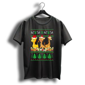 Ugly Christmas Giraffe Santa Hat Lights Festive Holiday Sweater Reindeer Trees T Shirt