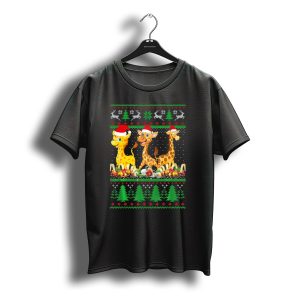 Ugly Christmas Giraffe Santa Hat Lights Festive Holiday Sweater Reindeer Trees T-Shirt