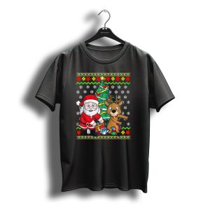 Ugly Christmas Kids Flossing Santa Reindeer Dance With Presents And Tree T-Shirt