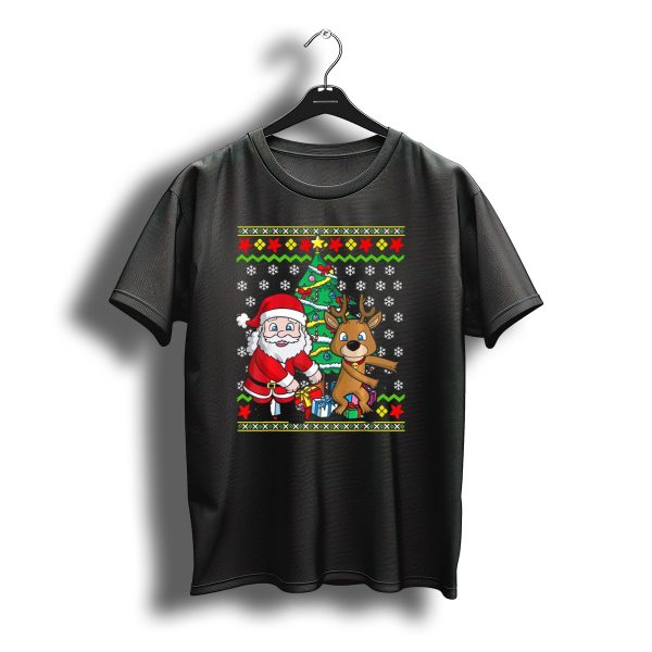 Ugly Christmas Kids Flossing Santa Reindeer Dance With Presents And Tree T Shirt t shirt 1