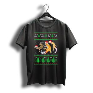 Ugly Christmas Leopard Gecko Santa Hat Reindeer Snowflakes Green Trees T-Shirt