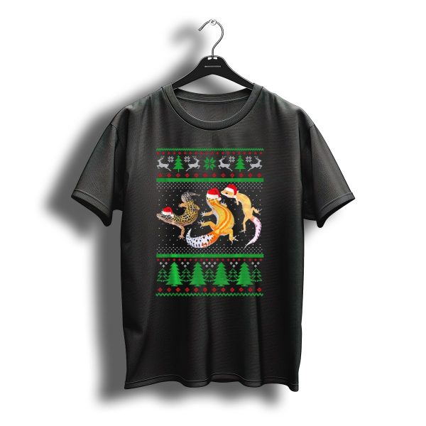 Ugly Christmas Leopard Gecko Santa Hat Reindeer Snowflakes Green Trees T Shirt t shirt 1