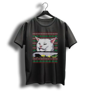 Ugly Christmas Sweater Meme Woman Yelling At Cat With Festive T Shirt