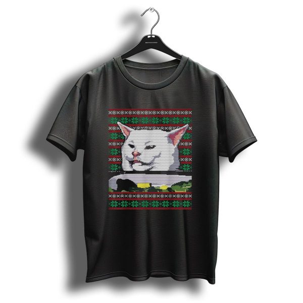 Ugly Christmas Sweater Meme Woman Yelling At Cat With Festive T Shirt 1 t shirt 1