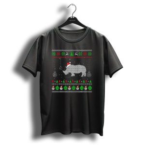 Ugly Christmas Sweater Santa Hat Rhino Pattern Festive Holiday T Shirt