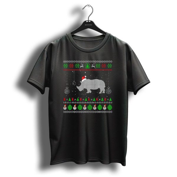 Ugly Christmas Sweater Santa Hat Rhino Pattern Festive Holiday T Shirt 1 t shirt 1