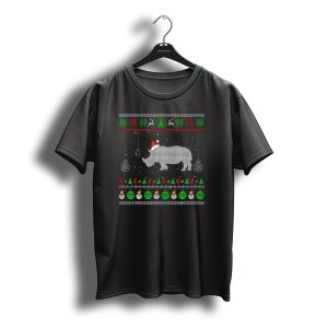 Ugly Christmas Sweater Santa Hat Rhino Pattern Festive Holiday T-Shirt