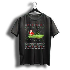 Ugly Christmas Sweater Santa Riding Grasshopper Snowflakes Reindeer Trees T Shirt