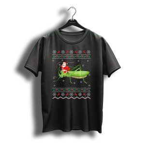 Ugly Christmas Sweater Santa Riding Grasshopper Snowflakes Reindeer Trees T-Shirt