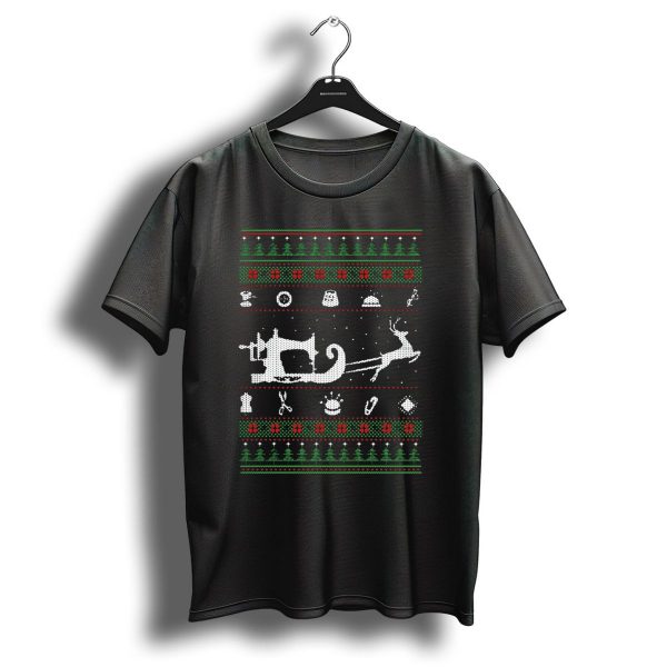 Ugly Christmas Sweater Sewing Machine And Reindeer Sleigh Festive T Shirt 1 t shirt 1